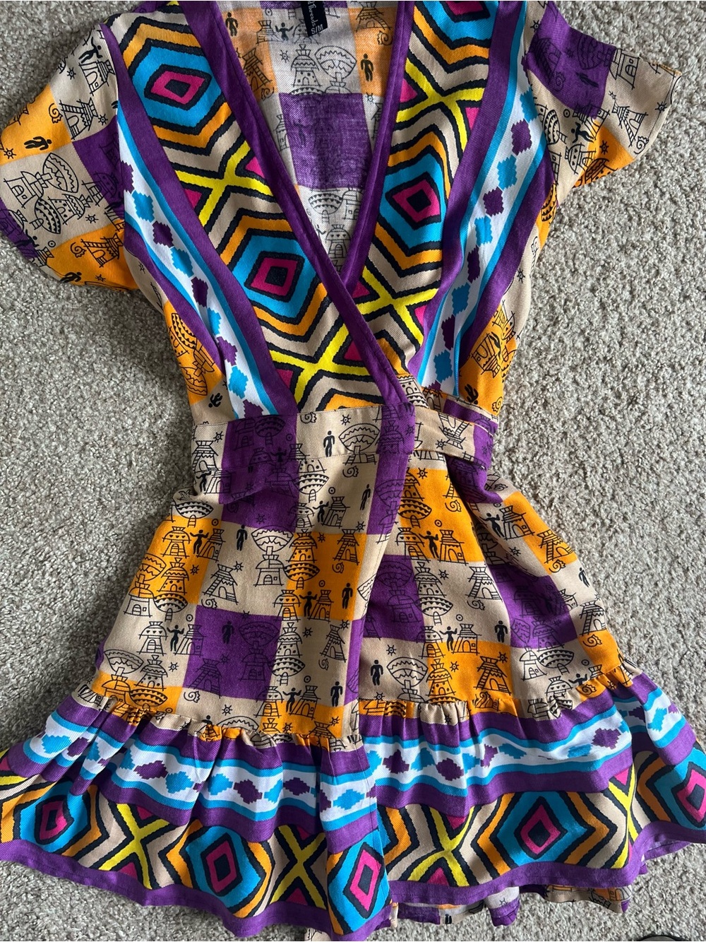 Women’s Aztec Print Wrap Dress with Purple Trim